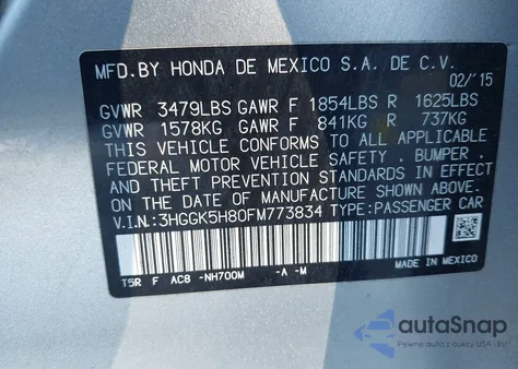 2015 Honda Fit Ex/Ex-L из США, поврежденный, VIN 3HGGK5H80FM773834